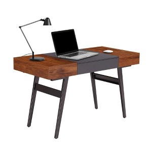 Black And Mahogany Wood Desk With Drawers, Metal Writing Table Design - 1 of 4
