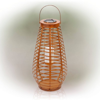 Alpine 19" Solar Metal Cylindrical Lantern with Flickering LED Light Brown