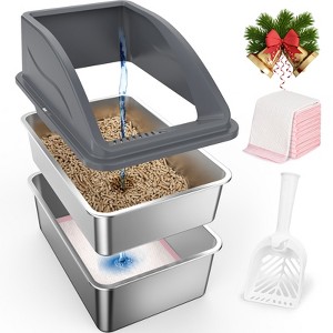 XXL Stainless Steel Sifting Litter Box for Pine Pellet & Non-Clumping Litter, Anti-Leakage High-Sided Cat Litter Box with Lid for Large Cats - 1 of 4