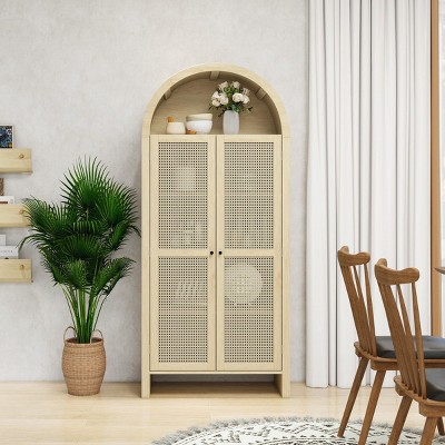 Wooden Particle Board Tall Kitchen Pantry,Kitchen Dining Room Arched Storage Display Cabinet,Living Room Rattan Door Storage Cabinet-Coolbibila