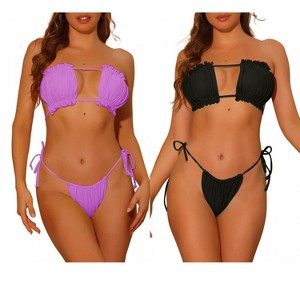 Elerevyo Women's Ruffle Pleated Bandeau Push Up High Cut Tie Side String Bikini Sets Swimsuits 2 Sets - 1 of 4