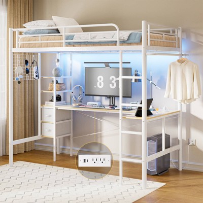 WOWLIVE Twin Size Loft Bed with Desk, Metal Frame Loft Bed with 2 Storage Drawers, LED Light and Charging Station