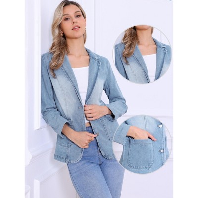 INSPIRE CHIC Women's Notched Lapel Button Down Long Sleeves Casual Denim Jacket Medium Light Blue — фото 3