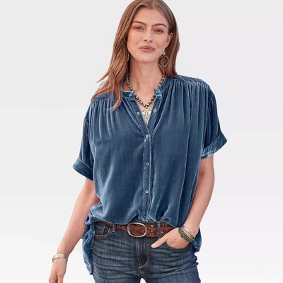 Womens Summer Tops Short Sleeve Velvet Shirt Front Button Down V Neck Summer Tops Casual Loose Fit Blouse