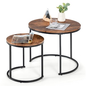 Costway Nesting Coffee Table Set of 2 for Balcony Living Room Modern Round Side Tables Rustic Brown/Brown/Gold - 1 of 4