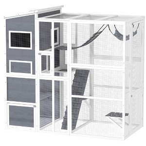 PawHut Catio Outdoor Cat Enclosure, 76" Large Wooden Cat House with 4 Tier Resting Rooms, 3 Platforms, 1 Soft Ladder, 2 Ramps, 1 Hammock, Gray - 1 of 4