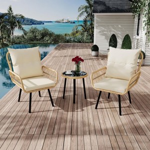 3-Piece Outdoor Rattan Patio Bistro Furniture Set, All-Weather Wicker Chairs & Coffee Table, Cushioned Conversation Set for Garden, Balcony, Backyard - 1 of 4