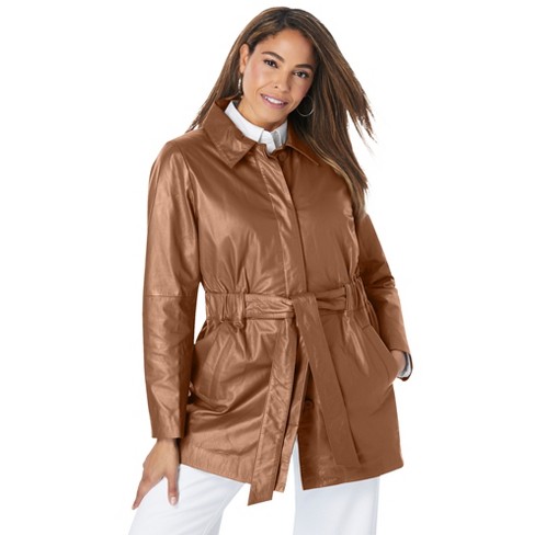 Jessica London Women's Plus Size Cinched Waist Leather Jacket, 30 W -  Cognac : Target