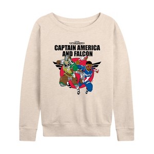 Women's - Marvel - Captain America Cap A Falcon Team Up Lightweight French Terry Wide Neck Long Sleeve Shirt - 1 of 4