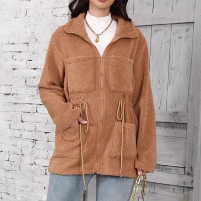 Womens Jacket Coat Zip Up Long Sleeve Relaxed Fit Collar Neck Jackets with Pockets