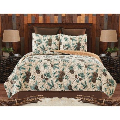 Rustic Pinecone King Quilt Set in Brown - Reversible Cotton Comfort