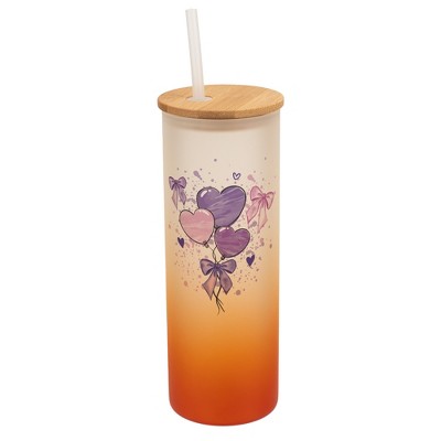 Elanze Designs 25 Ounce Frosted Glass Gradient Travel Tumbler With Straw and Wooden Lid, Heart Balloons Orange