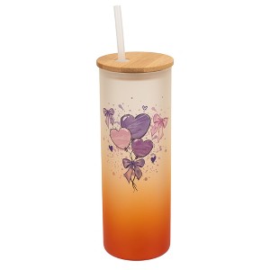 Elanze Designs 25 Ounce Frosted Glass Gradient Travel Tumbler With Straw and Wooden Lid, Heart Balloons Orange - 1 of 1