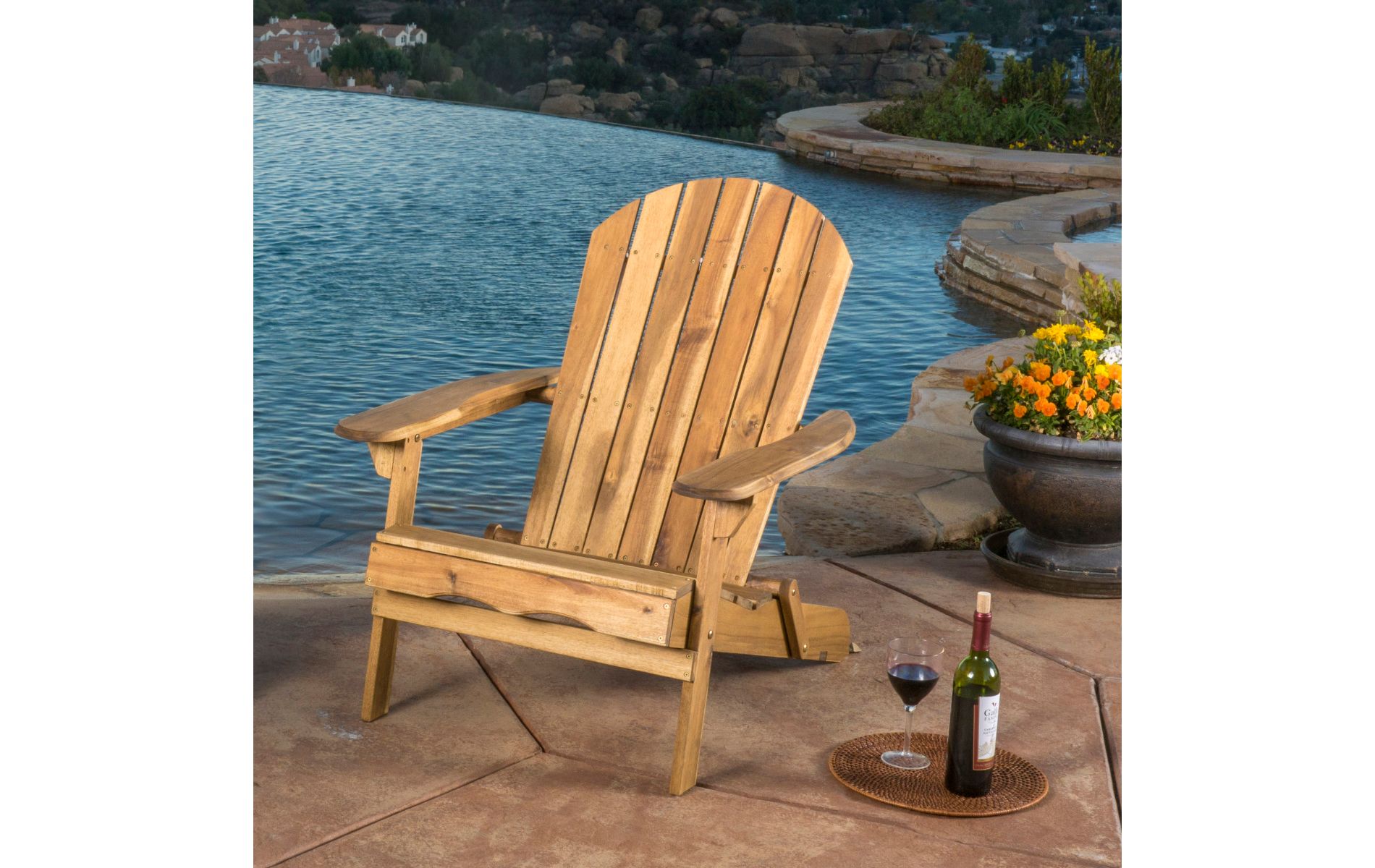 Acacia Wood Folding Adirondack Chair with Pull-Out Footrest, Rustic Natural Outdoor Lounge, 30"W for Patio Garden-3irtyhousy