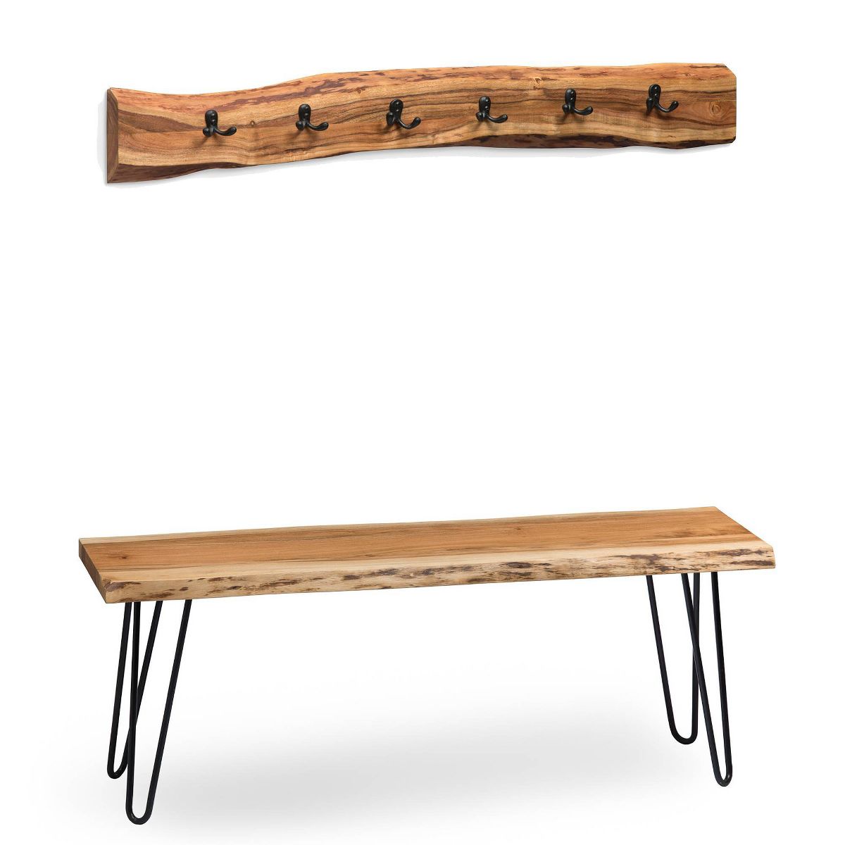 48" Hairpin Live Edge Wood Bench with Coat Hook Set Natural - Alaterre Furniture - thumbnail 2