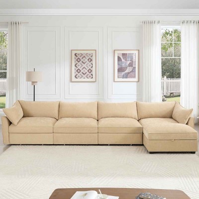 L-Shaped Sectional Sofa with Footstool, 4-Seater Sofa with Pull-Out Storage Drawers, Upholstered Chenille Sofa with Cushion-Coolbibila