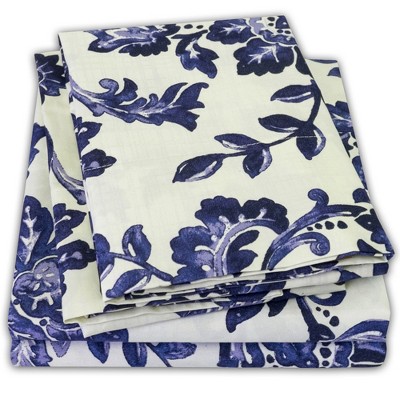 Tuscany Navy Floral King Cotton Polyester Bed Sheet Set