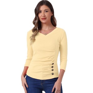 INSPIRE CHIC Women's V Neck 3/4 Sleeves Solid Knitted Buttons Decor Ruched Blouse - 1 of 4