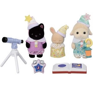 Calico Critters Nursery Friends Sleepover Party Trio, Set of 3 Collectible Doll Figures with Accessories - 1 of 4