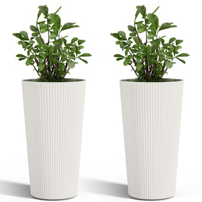 Naysaye Planters 2PCS Tall Indoor and Outdoor Planter Pot Large Flower Cone Striped Plastic Flower Pot for Home Garden Patio, White, 13"*13"*23.6"