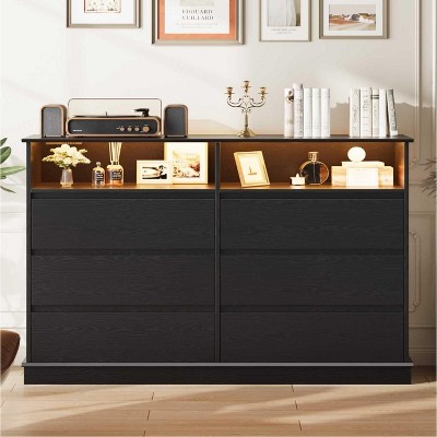 6 Drawer Dresser for Bedroom with Power Outlet, Modern Double Dresser with LED Lights, Wide Dresser Organizer with Open Shelf Storage for Closet