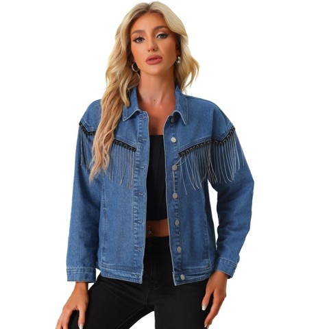 Allegra K Women's Button Front Tassel Beads Rhinestone Fringe Jean Jacket Blue Small