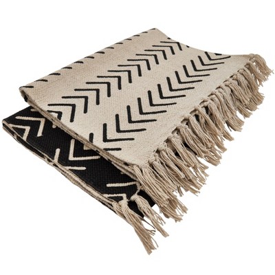 Black and White Cotton Chevron Table Runner with Fringe
