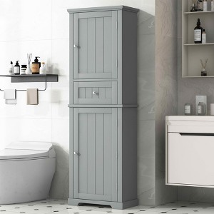 MAYEERTY Tall Bathroom Cabinet Freestanding Storage Drawer Adjustable Shelf MDF Painted White - 1 of 4