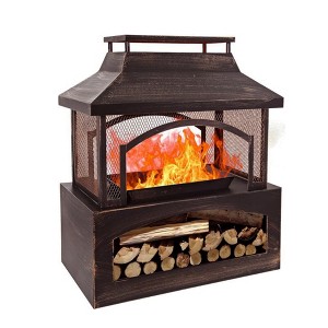 Bestier Fire Pits for Outside Wood Burning, Outdoor Chiminea Fireplace with Log Storage Rack, Mesh Screen, Pocker for Patio Party Camping, 37" - 1 of 4