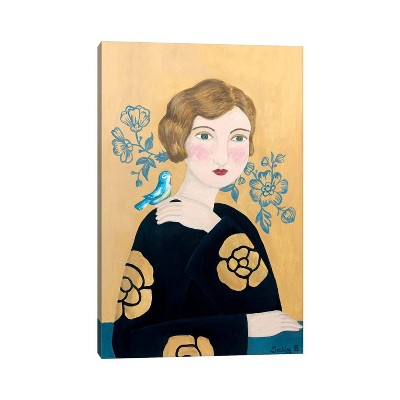 Woman in Black Dress with Bird by Sally B Unframed Wall Canvas - iCanvas