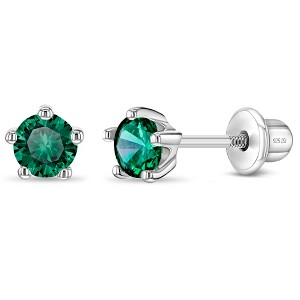 Girl's Classic CZ Birthstone Solitaire Screw Back Sterling Silver Earrings - In Season Jewelry - 1 of 4