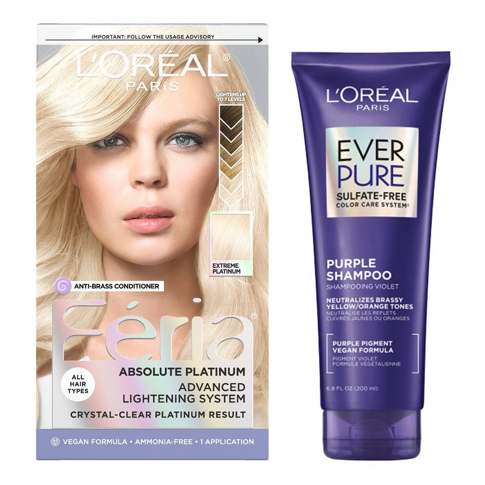 L'Oreal Paris Feria Advanced Lightening System Permanent Hair Color + 6.8 fl oz EverPure Sulfate Free Purple Shampoo for Colored Hair