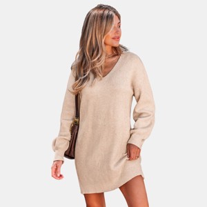 Women's Elegant Ribbed Knit Sweater Dress with Bow Detail - Cupshe - 1 of 4