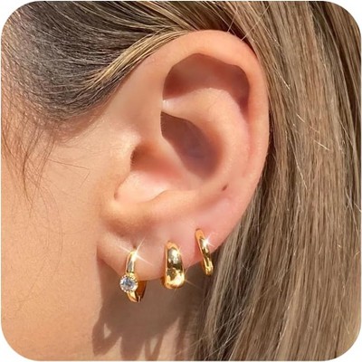 Small Sterling Silver Huggie Hoop Earrings Set for Women, 14K Gold Plated Hoops Stacks for Multiple Piercings