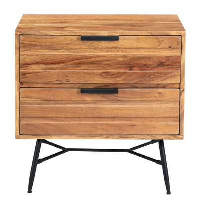 Luxury Acacia Wood 2-Drawer Nightstand with Metal Legs, Black and Brown