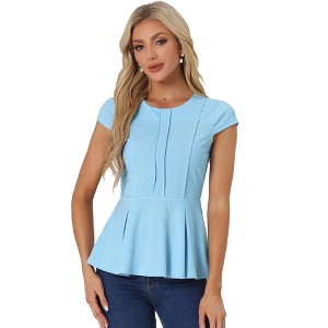 INSPIRE CHIC Women's Elegant Round Neck Cap Sleeve Solid Color Peplum Blouses - 1 of 4