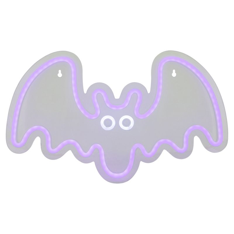 Northlight 15" Purple LED Lighted Neon Style Purple Bat Halloween Window Silhouette, 1 of 6
