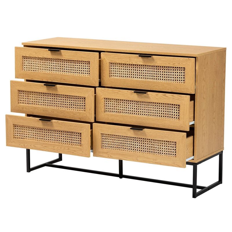 Sawyer Wood and Metal 6 Drawer Storage Cabinet with Natural Rattan Oak Brown/Black - Baxton Studio, 4 of 11