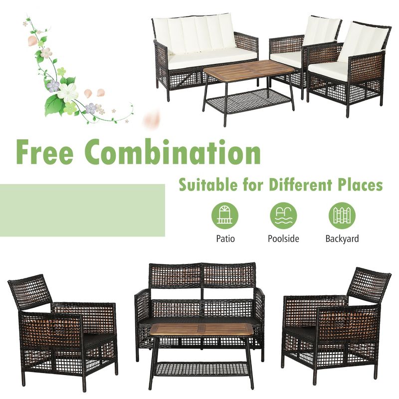 Costway 8PCS Patio Rattan Furniture Set Cushioned Chairs Wood Table Top W/Shelf, 5 of 11