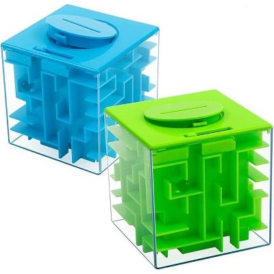 Dual Pack Money Maze Puzzle Gift Box - Blue & Green, 2x2 Inch, Piggy Bank with Lock, Brain Teaser, Reusable Surprise Box for Cash & Gifts