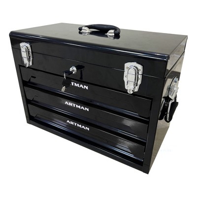 VYNXARIA 20" Portable 3-Drawer Steel Toolbox with Top Tray & Metal Latches-Multi-Function Tool Storage for Garage,Home,or Workbench,Black