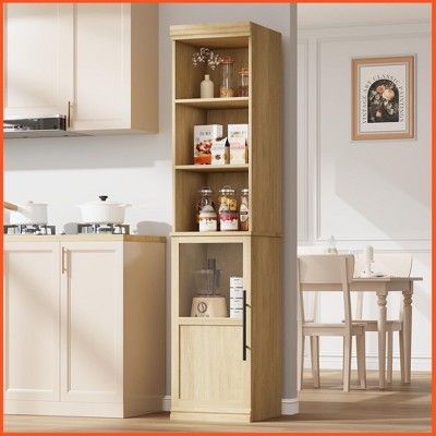 Narrow Bathroom Cabinet, 70" H Tall Slim Storage Cabinet with Glass Door and Open Shelves, Freestanding Storage Cabinets