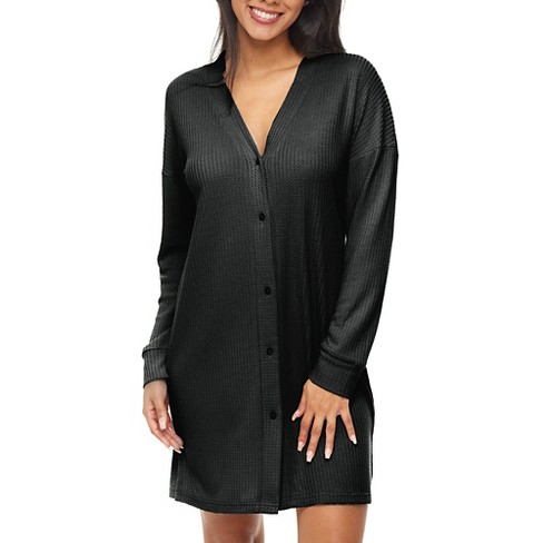 Adr Women s Long Sleeve Ribbed Knit Nightshirt Button Up V neck