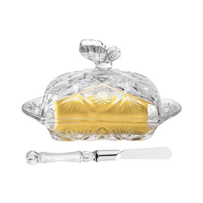Slickblue Glass Butter Dish with Lid & Knife, Butterfly Handle, Stylish Design, Holds European Butter