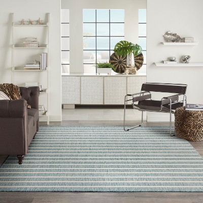 Aqua Ivory 8' x 10' Striped Synthetic Flatweave Rug