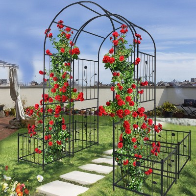 Lorna 79.5''x86.6''Arch Metal Garden Trelli, Flower Support Tiered Planters for Climbing Plants with Gate, Outdoor Furniture - The Pop Home