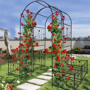 Lorna 79.5''x86.6''Arch Metal Garden Trelli, Flower Support Tiered Planters for Climbing Plants with Gate, Outdoor Furniture - The Pop Home - 1 of 4