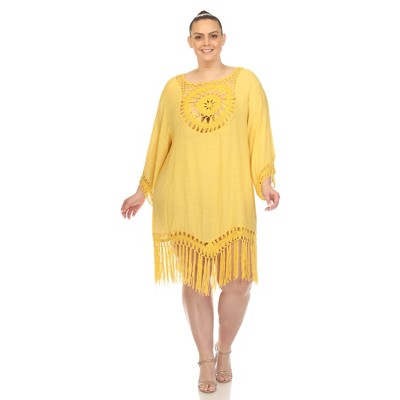 Plus Size Crocheted Fringed Trim Dress  Cover Up - White Mark