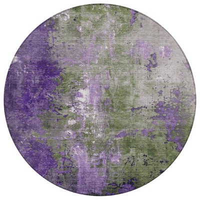 HomeRoots 8' Olive Green And Purple Round Abstract Washable Indoor Outdoor Area Rug