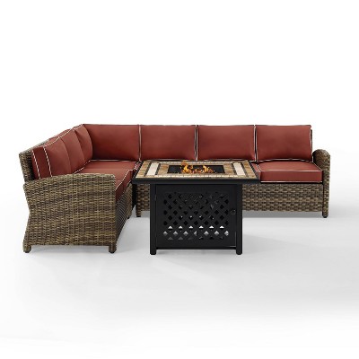 Bradenton 5pc Outdoor Wicker Sectional Set with Fire Table - Sangria - Crosley